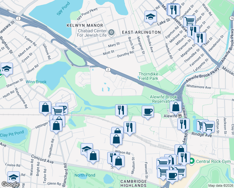 map of restaurants, bars, coffee shops, grocery stores, and more near 100 Acorn Park Drive in Cambridge