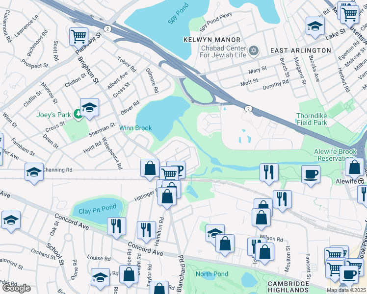 map of restaurants, bars, coffee shops, grocery stores, and more near 49 Hill Road in Belmont