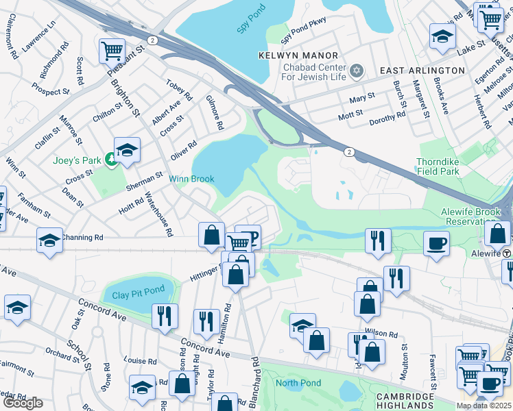 map of restaurants, bars, coffee shops, grocery stores, and more near 49 Hill Road in Belmont