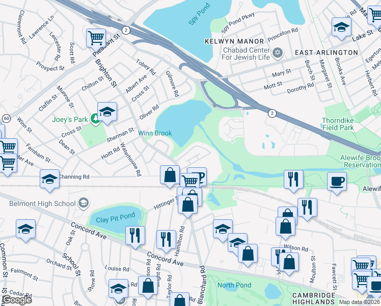 map of restaurants, bars, coffee shops, grocery stores, and more near 14-20 Hill Road in Belmont