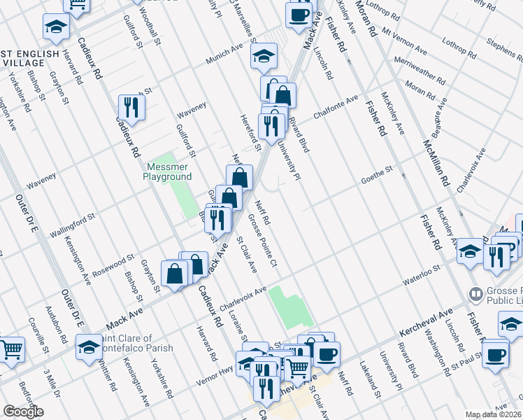 map of restaurants, bars, coffee shops, grocery stores, and more near 887 Neff Road in Grosse Pointe