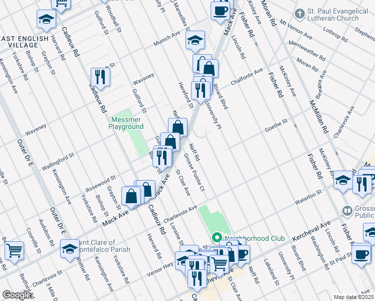 map of restaurants, bars, coffee shops, grocery stores, and more near 887 Neff Road in Grosse Pointe
