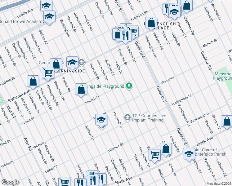 map of restaurants, bars, coffee shops, grocery stores, and more near 4369 Devonshire Road in Detroit
