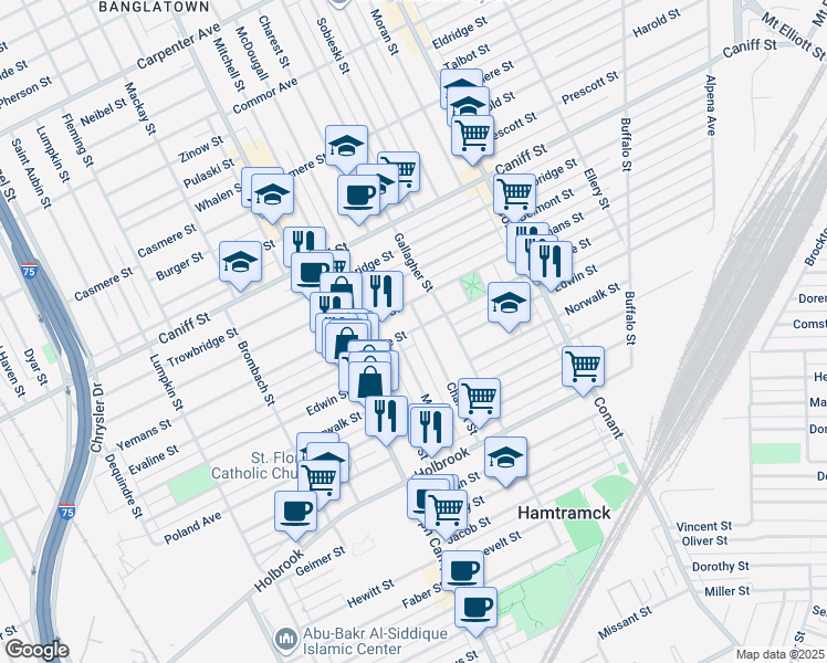 map of restaurants, bars, coffee shops, grocery stores, and more near 9519 Charest Street in Hamtramck