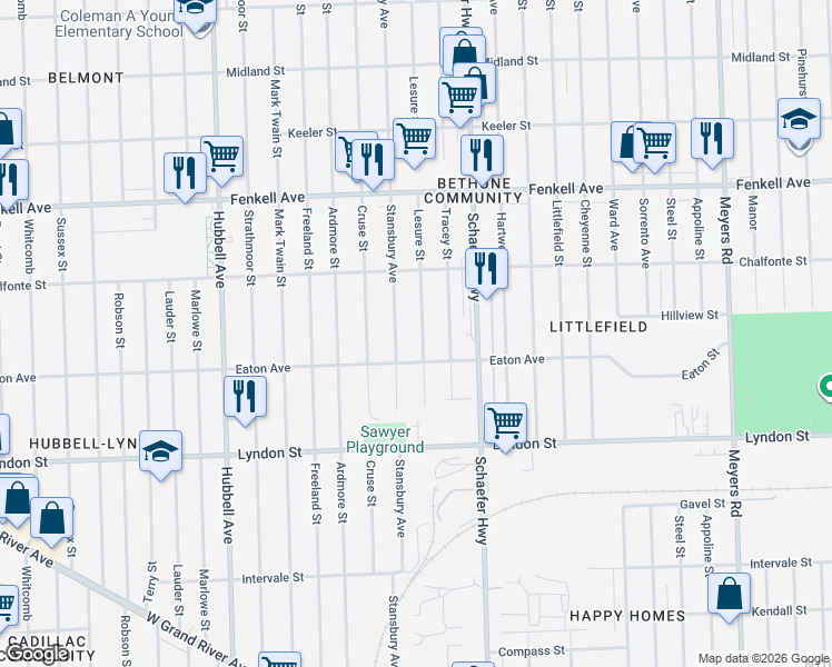 map of restaurants, bars, coffee shops, grocery stores, and more near 14814 Lesure Street in Detroit