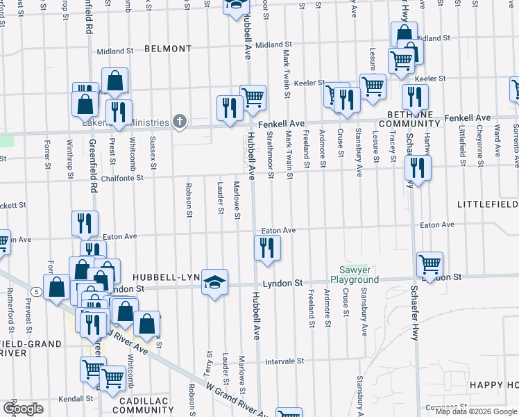 map of restaurants, bars, coffee shops, grocery stores, and more near 14828 Hubbell Avenue in Detroit