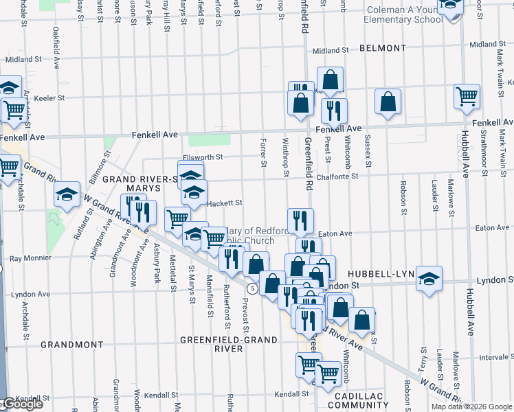 map of restaurants, bars, coffee shops, grocery stores, and more near 14855 Forrer Street in Detroit