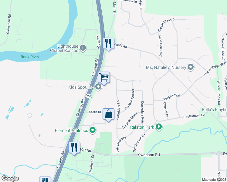 map of restaurants, bars, coffee shops, grocery stores, and more near 9432 Romeldale Lane in Roscoe