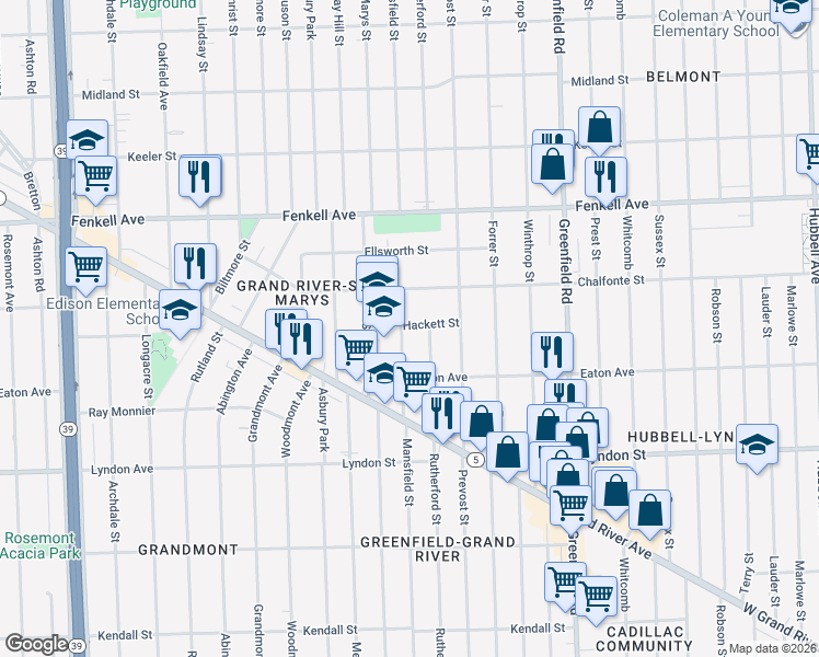 map of restaurants, bars, coffee shops, grocery stores, and more near 14744 Mansfield Street in Detroit