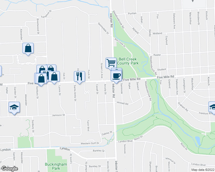 map of restaurants, bars, coffee shops, grocery stores, and more near 15136 Arcola Street in Livonia