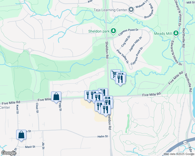 map of restaurants, bars, coffee shops, grocery stores, and more near 44463 Broadmoor Boulevard in Northville