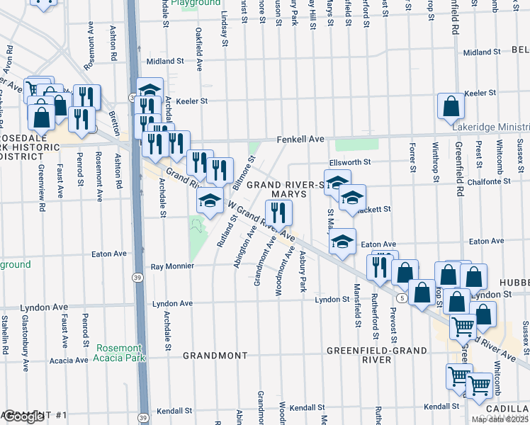 map of restaurants, bars, coffee shops, grocery stores, and more near 16801 Grand River Avenue in Detroit