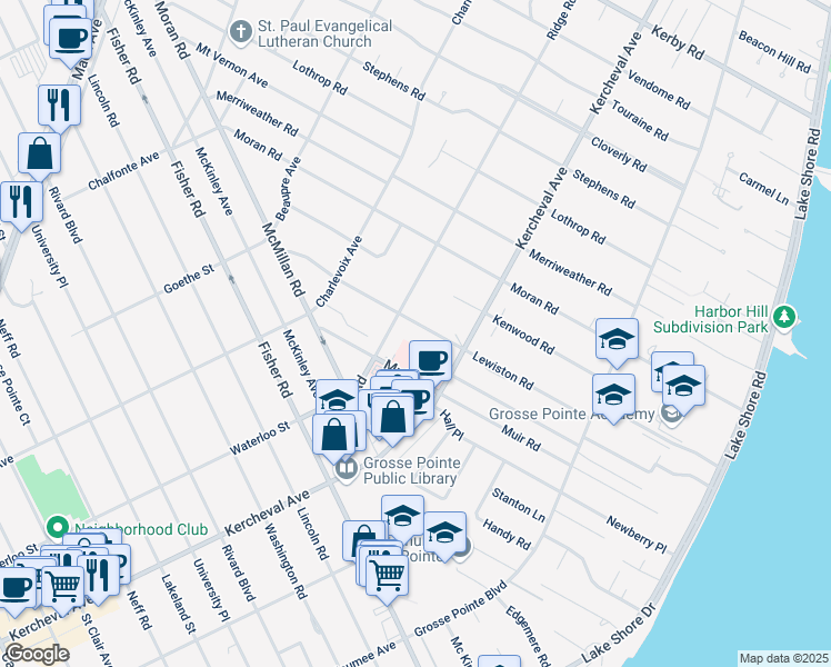 map of restaurants, bars, coffee shops, grocery stores, and more near 165 Lewiston Road in Grosse Pointe Farms