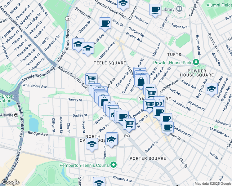 map of restaurants, bars, coffee shops, grocery stores, and more near 43 Campbell Park Place in Somerville