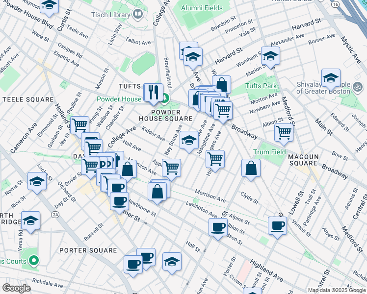 map of restaurants, bars, coffee shops, grocery stores, and more near 70 Lowden Avenue in Somerville