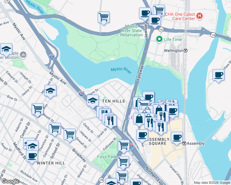 map of restaurants, bars, coffee shops, grocery stores, and more near in Somerville