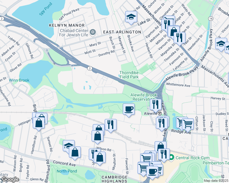 map of restaurants, bars, coffee shops, grocery stores, and more near 25 Acorn Park Drive in Cambridge