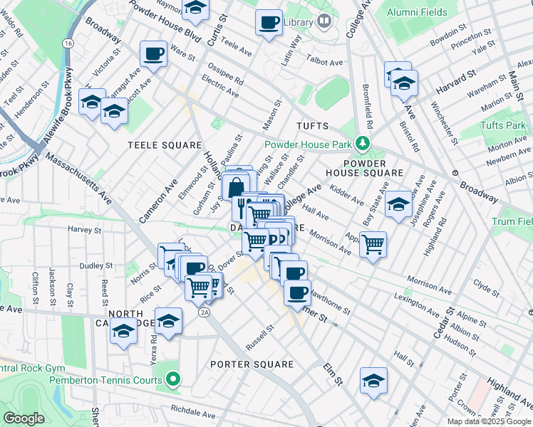 map of restaurants, bars, coffee shops, grocery stores, and more near 17 Winter Street in Somerville
