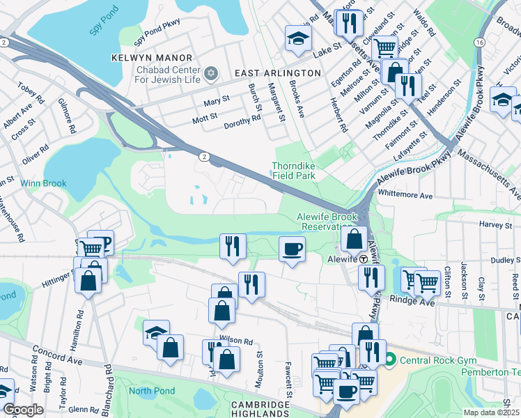 map of restaurants, bars, coffee shops, grocery stores, and more near 25 Acorn Park Drive in Cambridge