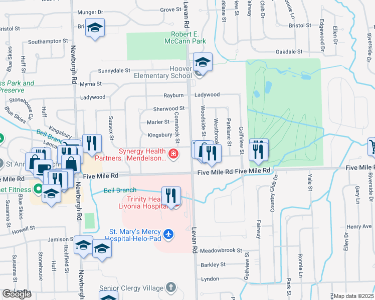 map of restaurants, bars, coffee shops, grocery stores, and more near 15406 Levan Road in Livonia