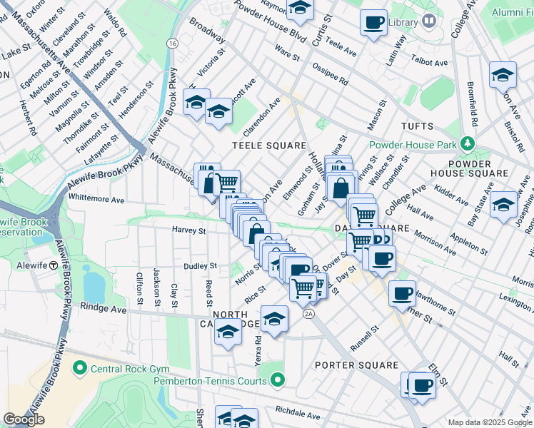 map of restaurants, bars, coffee shops, grocery stores, and more near 97 Elmwood Street in Cambridge