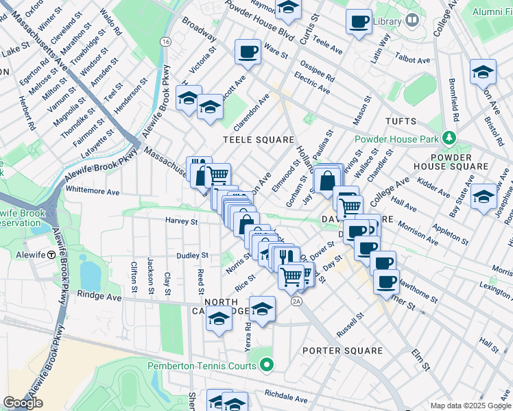 map of restaurants, bars, coffee shops, grocery stores, and more near 51 Locke Street in Cambridge
