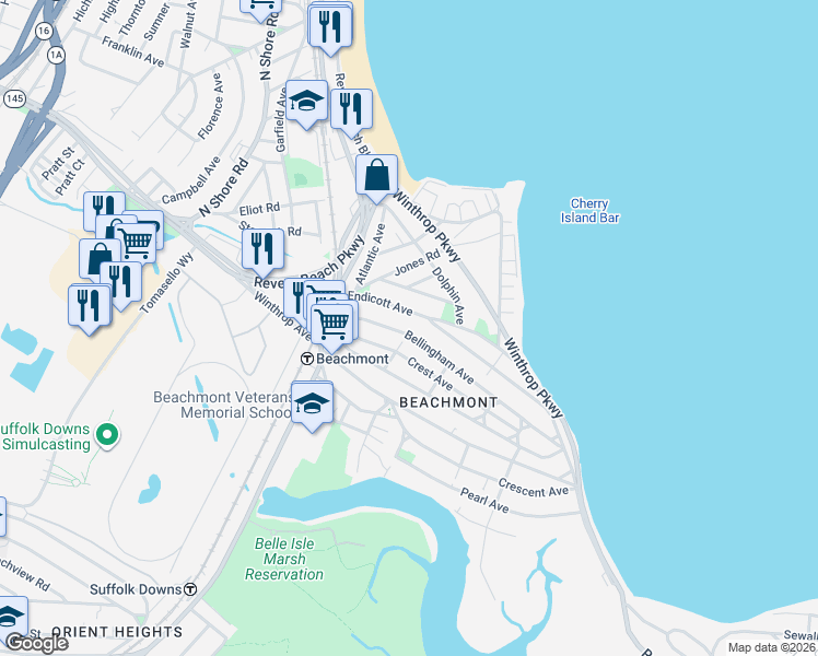map of restaurants, bars, coffee shops, grocery stores, and more near 62 Crest Avenue in Revere