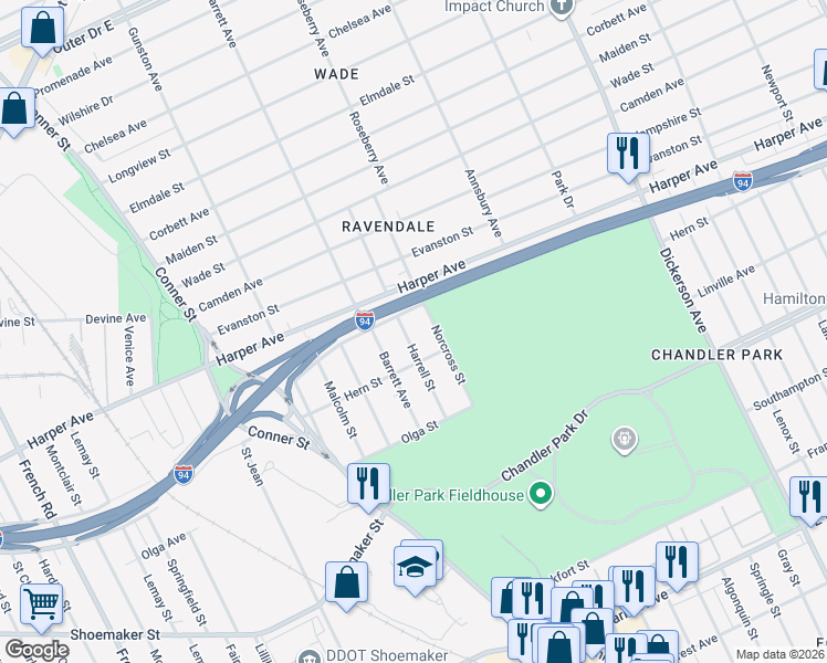 map of restaurants, bars, coffee shops, grocery stores, and more near 6000 Harrell Street in Detroit