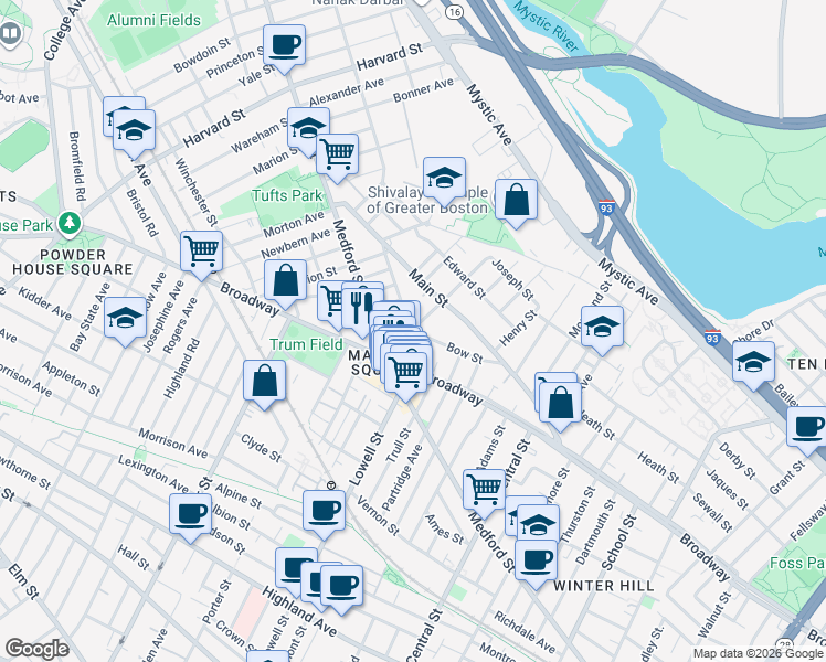 map of restaurants, bars, coffee shops, grocery stores, and more near 483 Broadway in Medford
