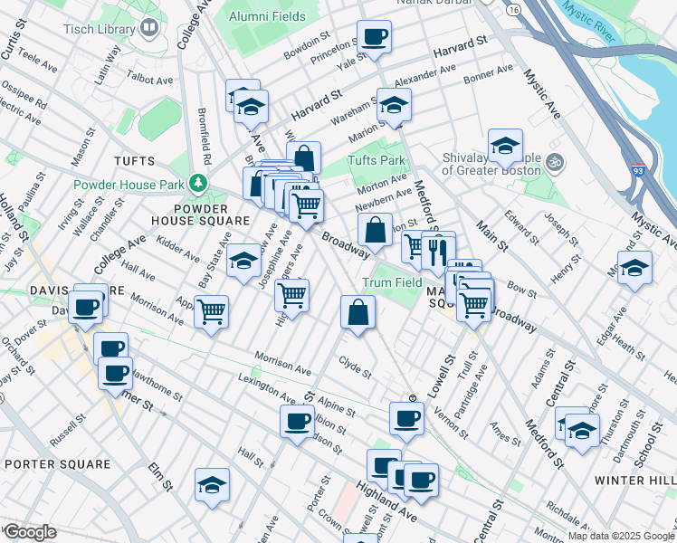 map of restaurants, bars, coffee shops, grocery stores, and more near 90 Prichard Avenue in Somerville