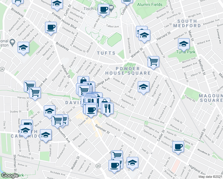 map of restaurants, bars, coffee shops, grocery stores, and more near in Somerville