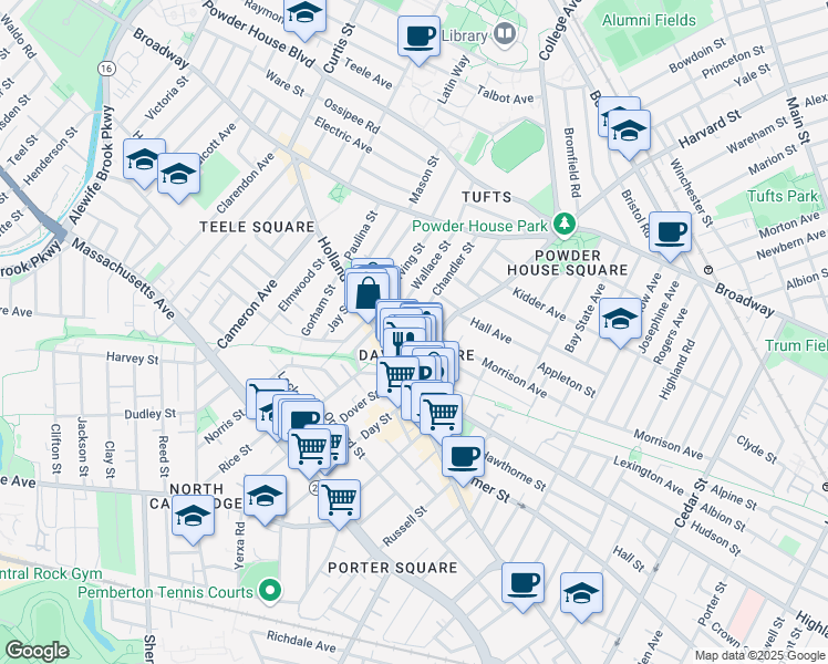 map of restaurants, bars, coffee shops, grocery stores, and more near in Somerville