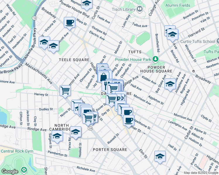 map of restaurants, bars, coffee shops, grocery stores, and more near 40 Holland Street in Somerville