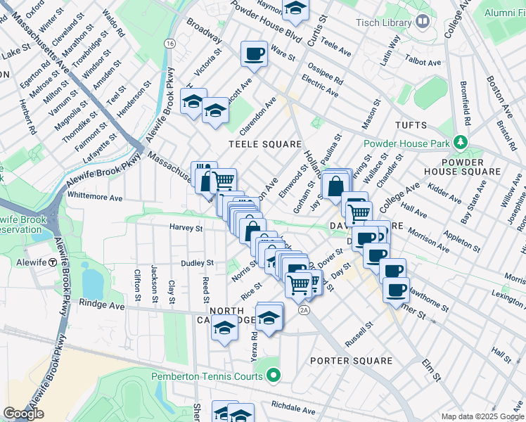 map of restaurants, bars, coffee shops, grocery stores, and more near 51 Locke Street in Cambridge
