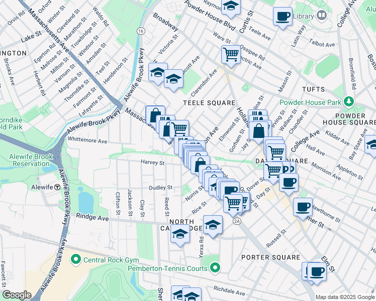 map of restaurants, bars, coffee shops, grocery stores, and more near 7 Cameron Avenue in Cambridge