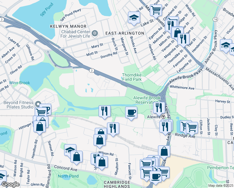 map of restaurants, bars, coffee shops, grocery stores, and more near 26 Acorn Park Drive in Cambridge