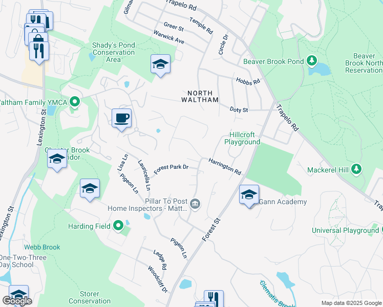 map of restaurants, bars, coffee shops, grocery stores, and more near 8 Forest Park Drive in Waltham