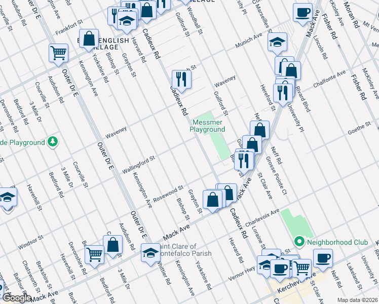 map of restaurants, bars, coffee shops, grocery stores, and more near 3893 Harvard Road in Detroit