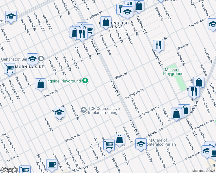 map of restaurants, bars, coffee shops, grocery stores, and more near 4188 Audubon Road in Detroit