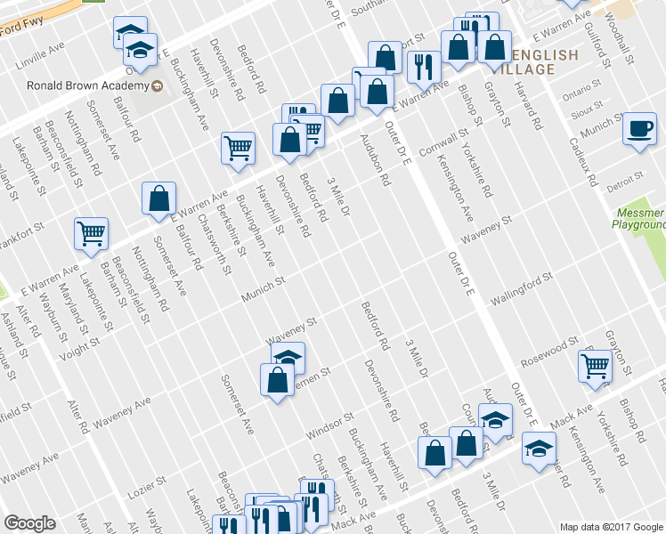map of restaurants, bars, coffee shops, grocery stores, and more near 4369 Devonshire Road in Detroit