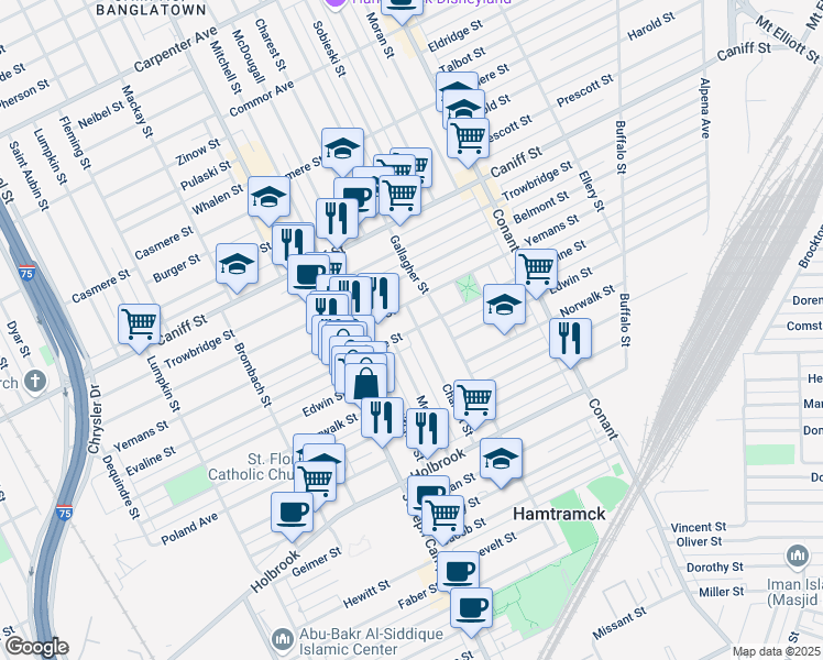 map of restaurants, bars, coffee shops, grocery stores, and more near 9519 Charest Street in Hamtramck