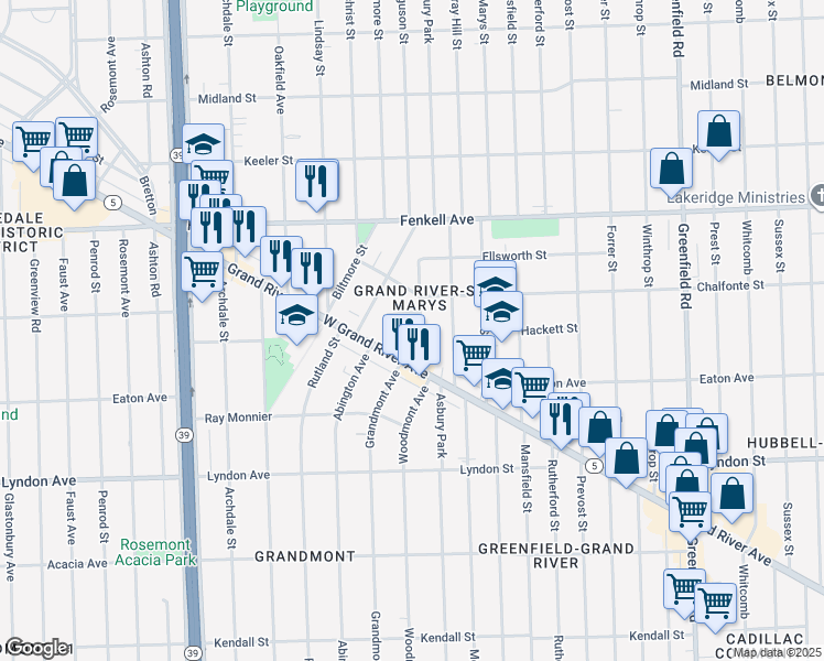 map of restaurants, bars, coffee shops, grocery stores, and more near 16538 Grand River Avenue in Detroit