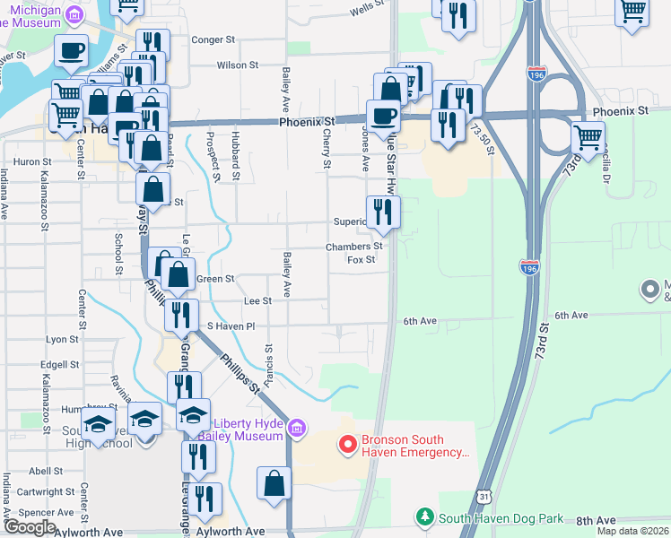 map of restaurants, bars, coffee shops, grocery stores, and more near 05539 Cherry Street in South Haven
