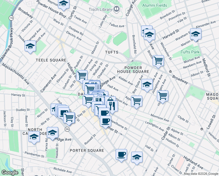 map of restaurants, bars, coffee shops, grocery stores, and more near in Somerville