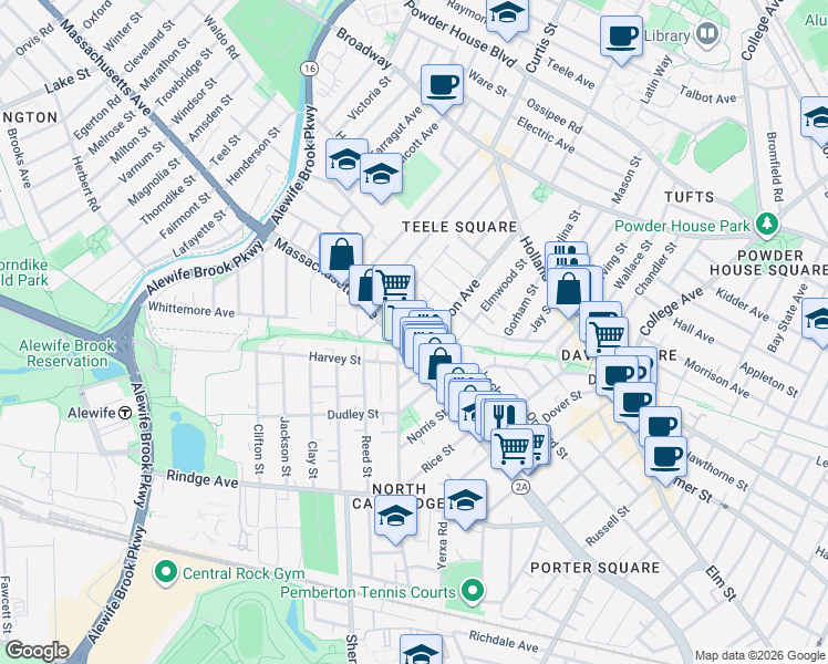 map of restaurants, bars, coffee shops, grocery stores, and more near 2419 Massachusetts Avenue in Cambridge