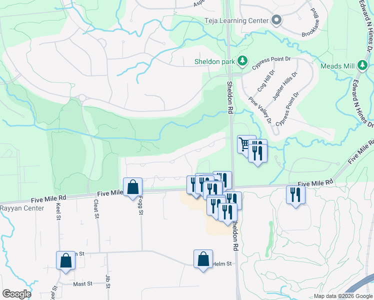 map of restaurants, bars, coffee shops, grocery stores, and more near 44505 Broadmoor Boulevard in Northville