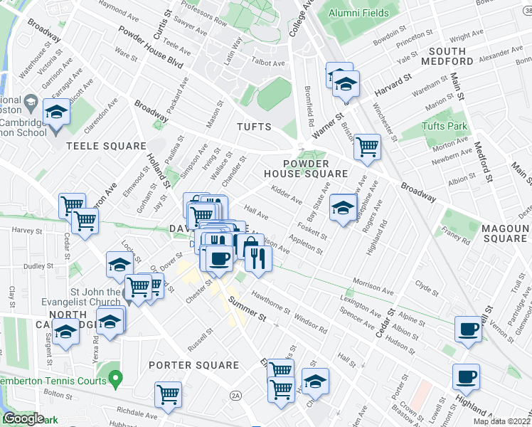 map of restaurants, bars, coffee shops, grocery stores, and more near 40 Hall Avenue in Somerville