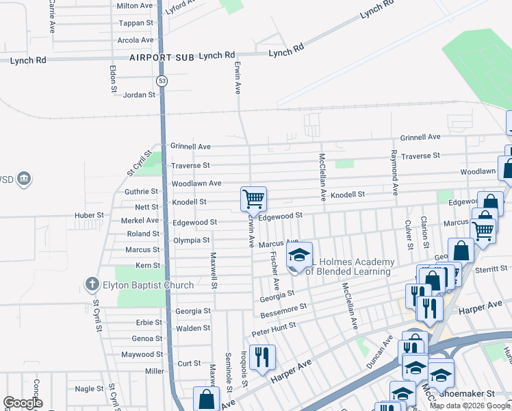 map of restaurants, bars, coffee shops, grocery stores, and more near 8273 Edgewood Avenue in Detroit
