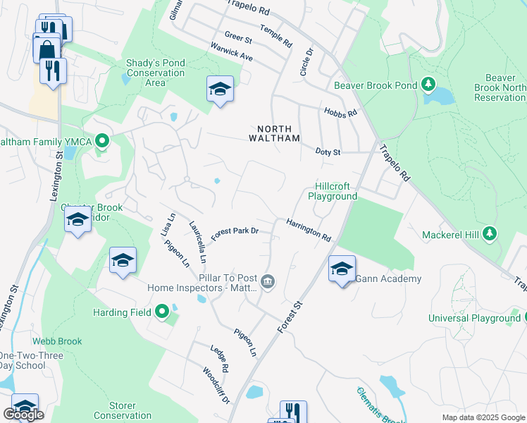 map of restaurants, bars, coffee shops, grocery stores, and more near 8 Forest Park Drive in Waltham