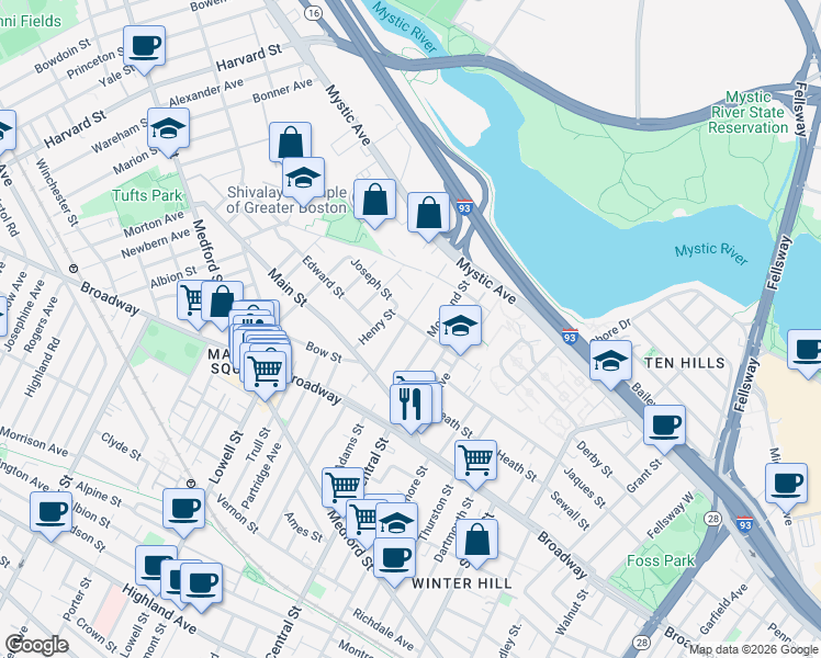 map of restaurants, bars, coffee shops, grocery stores, and more near 25 Fremont Street in Somerville